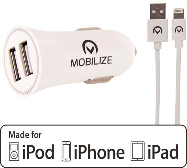 Mobilize Car Charger 2X Usb 24W + Usb To Apple Mfi Lighting Cable 1M. White