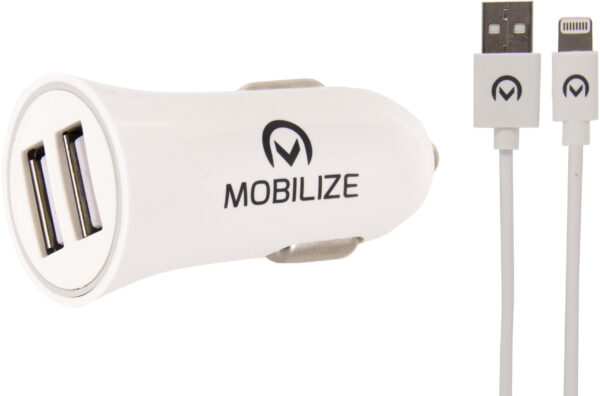 Mobilize Car Charger 2X Usb 24W + Usb To Apple Mfi Lighting Cable 1M. White - Afbeelding 2