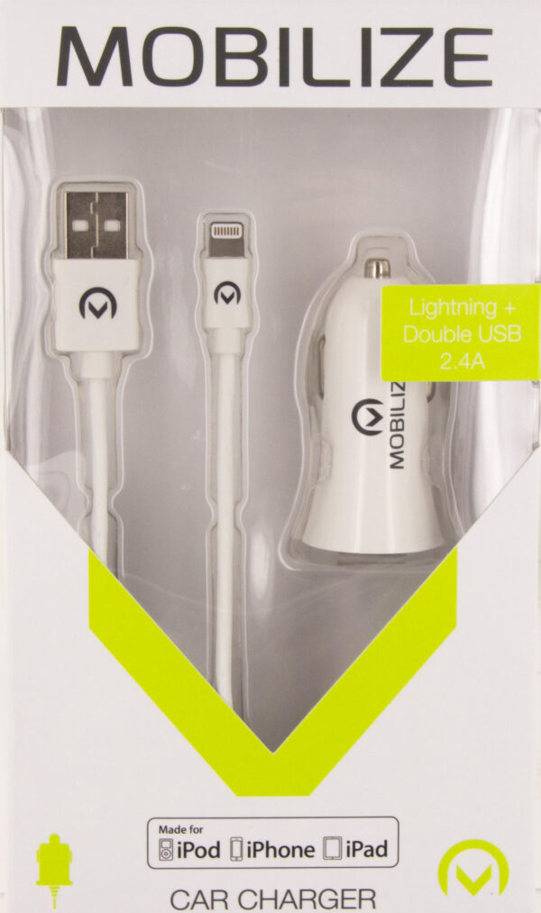 Mobilize Car Charger 2X Usb 24W + Usb To Apple Mfi Lighting Cable 1M. White - Afbeelding 6