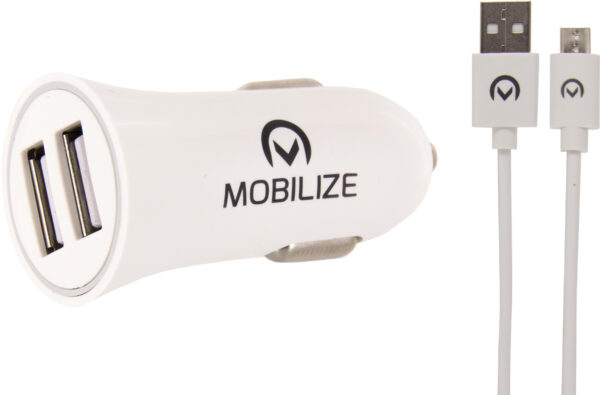 Mobilize Car Charger 2X Usb + Usb To Micro Usb Cable 12W 1M. White