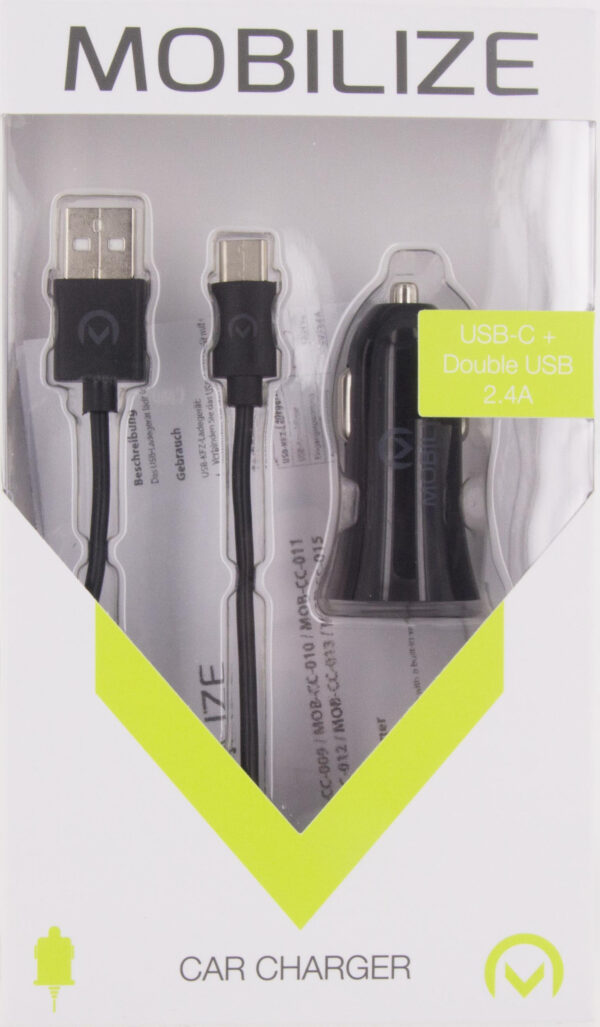 Mobilize Car Charger Dual Usb 2.4A 12W + 1M Usb-C Cable Black - Afbeelding 5