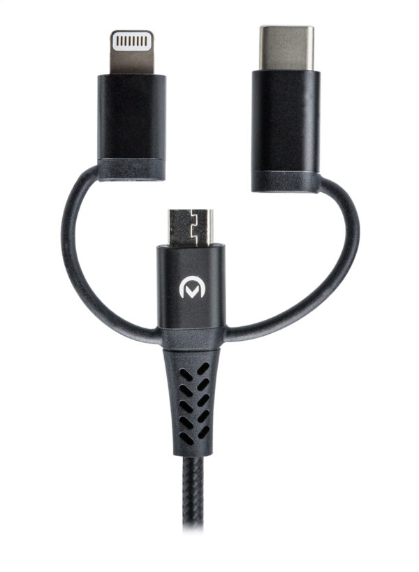 Mobilize Strong Nylon Cable 3In1 Usb To Micro Usb, Usb-C, Apple Mfi Lightning 1.5M Black - Afbeelding 3