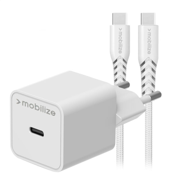 Mobilize Wall Charger Usb-C Gan 30W With Pd/Pps + Usb-C Nylon Cable 1.2M White