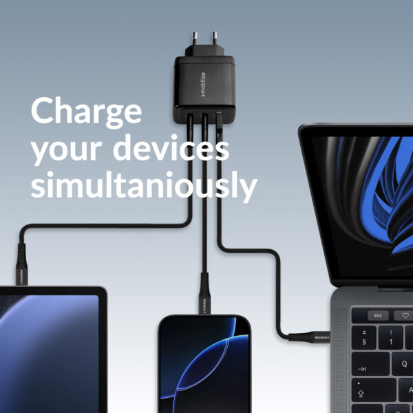 Mobilize Wall Charger 2X Usb-C + 1X Usb Gan 65W With Pd/Pps Black - Afbeelding 2
