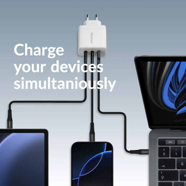 Mobilize Wall Charger 2X Usb-C + 1X Usb Gan 65W With Pd/Pps White - Afbeelding 2
