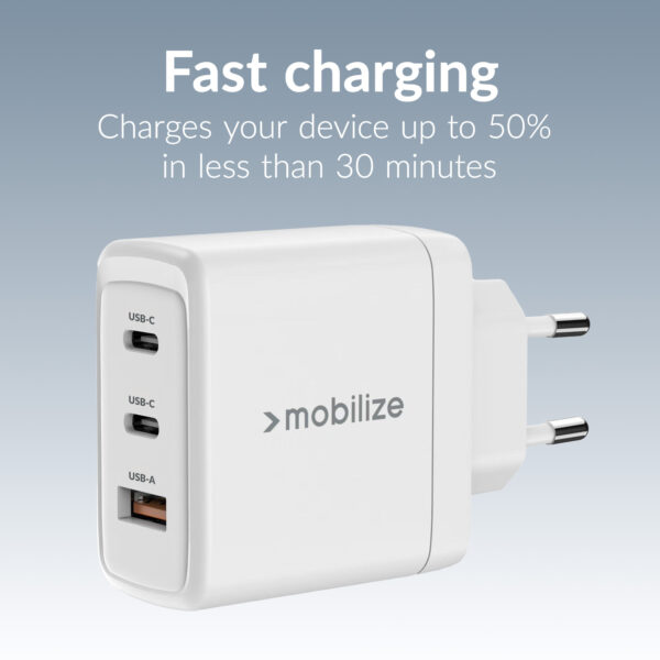 Mobilize Wall Charger 2X Usb-C + 1X Usb Gan 65W With Pd/Pps White - Afbeelding 5