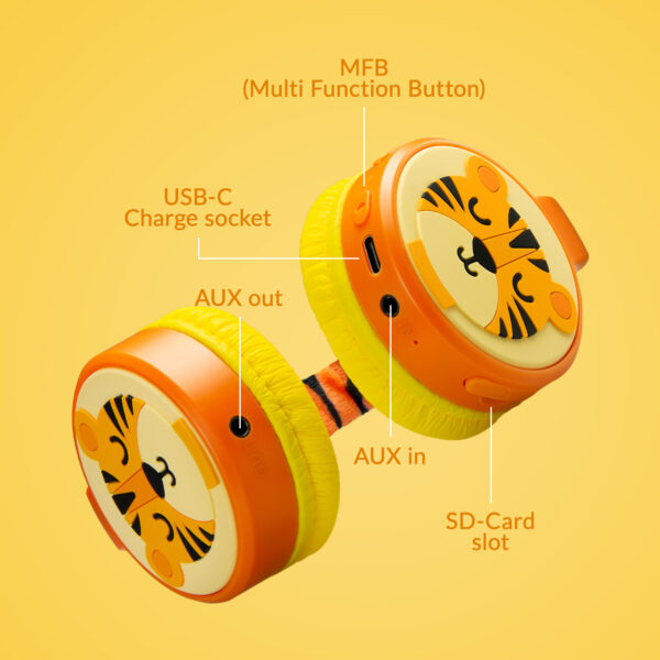 Mobilize Wireless/Wired Over Ear Kids Headphone 85Db Tiger - Afbeelding 4