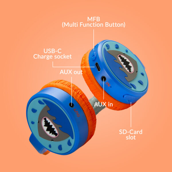 Mobilize Wireless/Wired Over Ear Kids Headphone 85Db Shark - Afbeelding 4