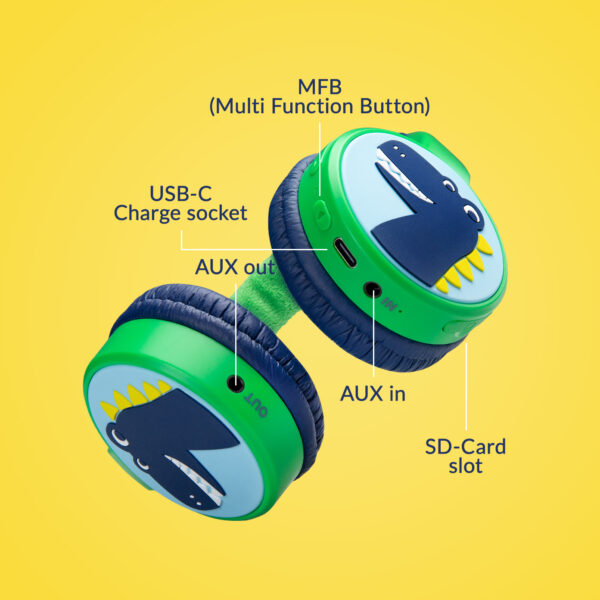 Mobilize Wireless/Wired Over Ear Kids Headphone 85Db Dinosaur - Afbeelding 4