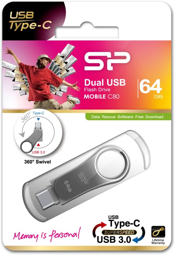 Silicon Power C80 Dual Usb Pendrive Mobile 64Gb Usb-C Grey - Afbeelding 4