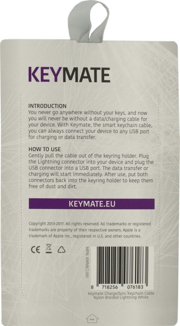Keymate Charge/Sync Keychain Cable Nylon Braided Lightning White - Afbeelding 2