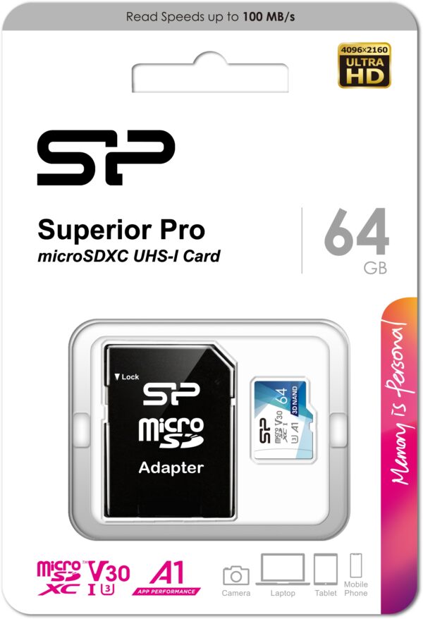 Silicon Power Superior Pro Micro Sdhc Incl. Sd Adapter 64Gb Uhs-1 U3 A1 V30 Class 10 Color - Afbeelding 3