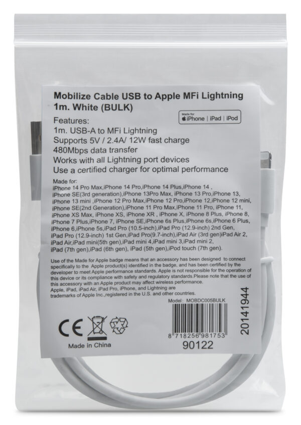 Mobilize Bulk Mobilize Cable Usb To Apple Mfi Lightning 1M. 12W White (Bulk) - Afbeelding 2