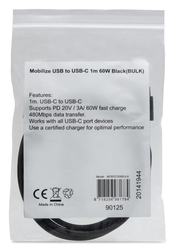 Mobilize Bulk Mobilize Cable Usb-C To Usb-C 1M. 60W Black (Bulk) - Afbeelding 2
