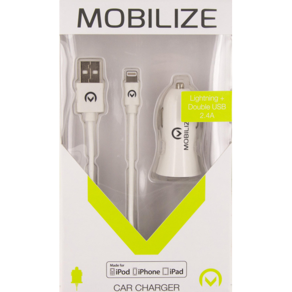 Mobilize Car Charger 2X Usb 24W + Usb To Apple Mfi Lighting Cable 1M. White - Afbeelding 6