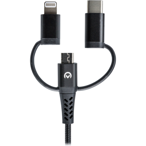 Mobilize Strong Nylon Cable 3In1 Usb To Micro Usb, Usb-C, Apple Mfi Lightning 1.5M Black - Afbeelding 3