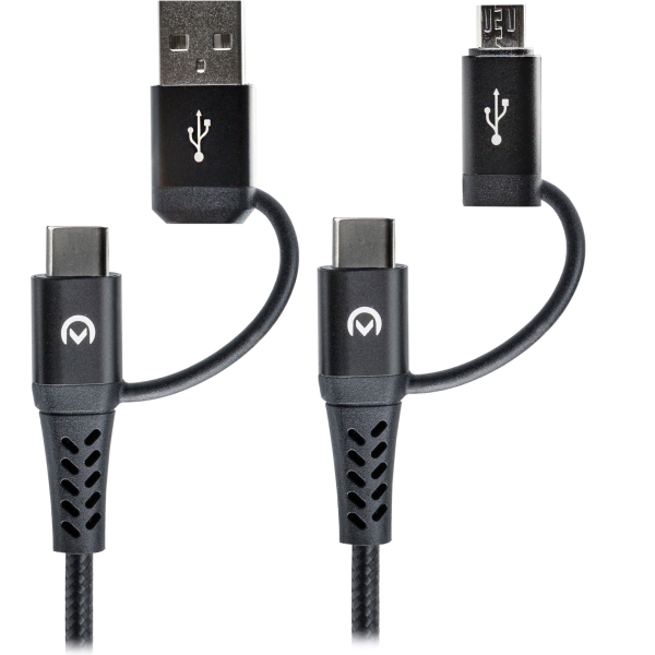 Mobilize Strong Nylon Cable 4In1 Usb, Usb-C To Micro Usb, Usb-C 1.5M Black - Afbeelding 2