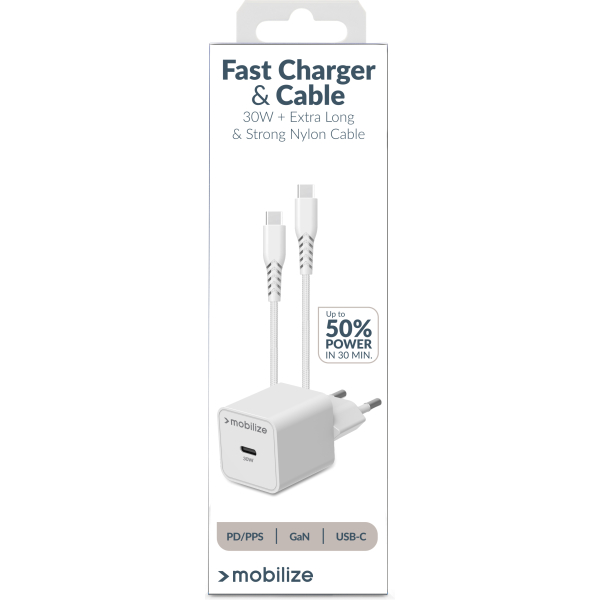Mobilize Wall Charger Usb-C Gan 30W With Pd/Pps + Usb-C Nylon Cable 1.2M White - Afbeelding 11