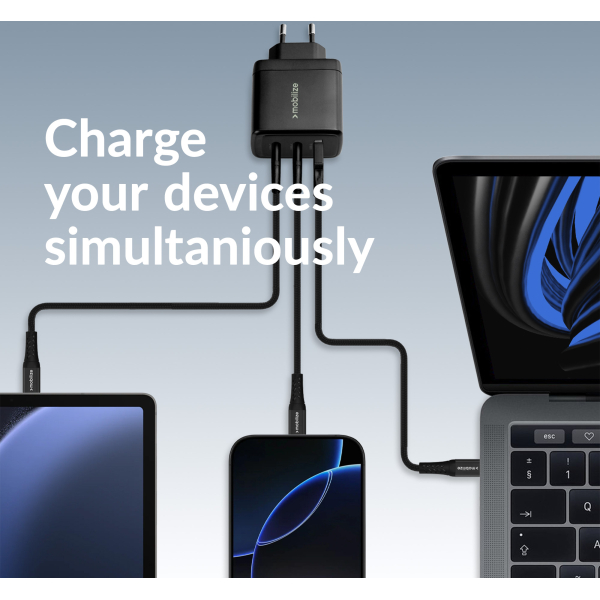 Mobilize Wall Charger 2X Usb-C + 1X Usb Gan 65W With Pd/Pps Black - Afbeelding 2