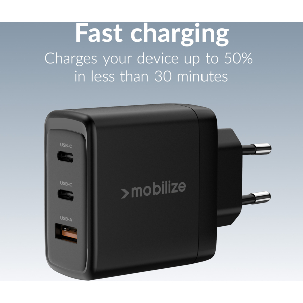 Mobilize Wall Charger 2X Usb-C + 1X Usb Gan 65W With Pd/Pps Black - Afbeelding 5
