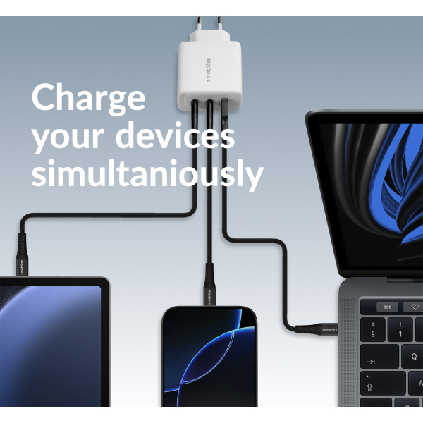 Mobilize Wall Charger 2X Usb-C + 1X Usb Gan 65W With Pd/Pps White - Afbeelding 2
