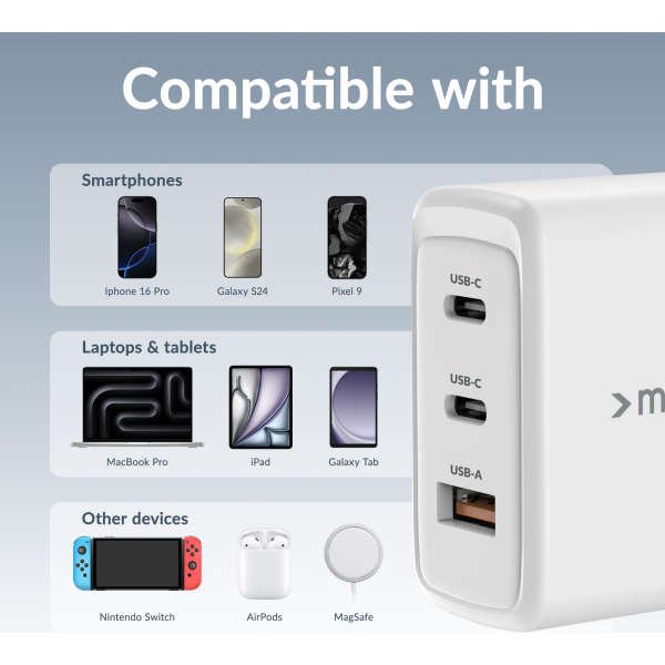 Mobilize Wall Charger 2X Usb-C + 1X Usb Gan 65W With Pd/Pps White - Afbeelding 3