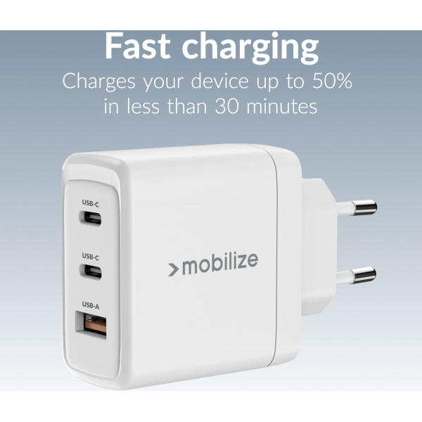 Mobilize Wall Charger 2X Usb-C + 1X Usb Gan 65W With Pd/Pps White - Afbeelding 5