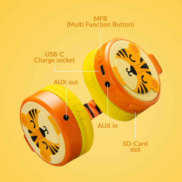 Mobilize Wireless/Wired Over Ear Kids Headphone 85Db Tiger - Afbeelding 4