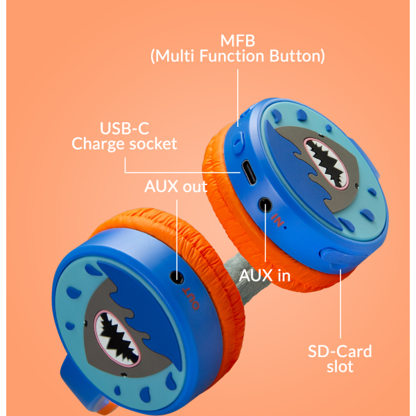 Mobilize Wireless/Wired Over Ear Kids Headphone 85Db Shark - Afbeelding 4