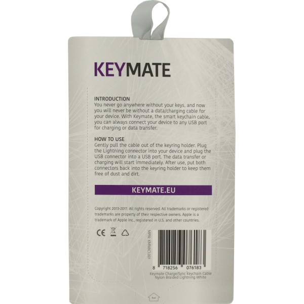 Keymate Charge/Sync Keychain Cable Nylon Braided Lightning White - Afbeelding 2