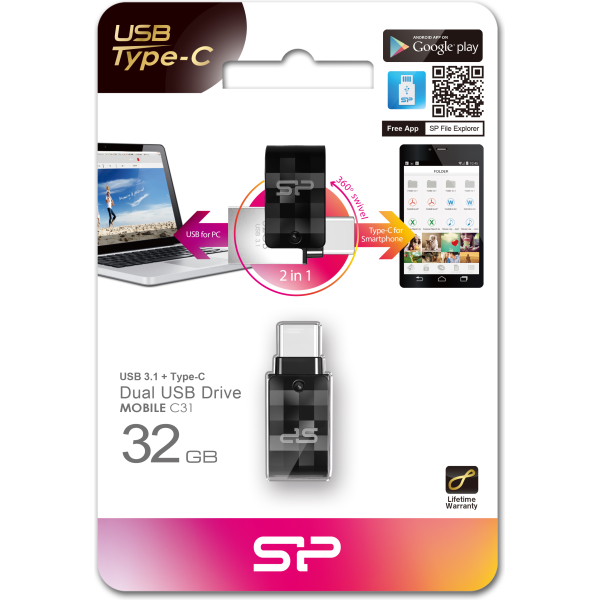 Silicon Power C31 Dual Usb Pendrive Mobile 32Gb Usb-C Black - Afbeelding 3