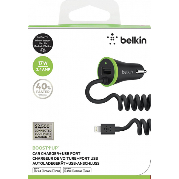 Mob Belkin Car Charger With Usb Port + Coiled Lightning Connector 3.4A Black - Afbeelding 2