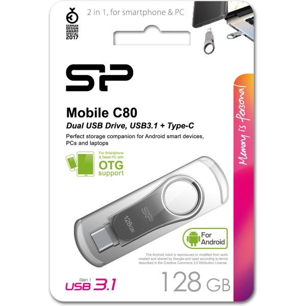 Silicon Power C80 Dual Usb Pendrive Mobile 128Gb Usb-C Grey - Afbeelding 4