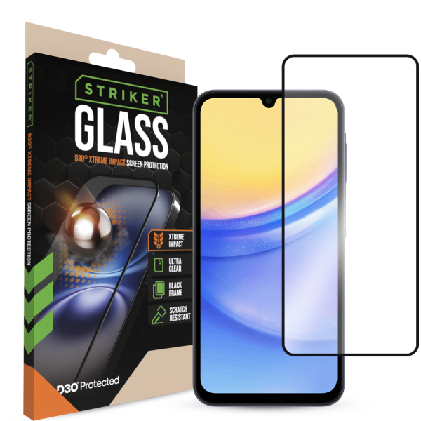 Striker D3O Xtreme Impact Glass Screen Protector - Black Frame - Samsung Galaxy A15 (4G/5G)