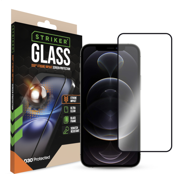 Striker D3O Xtreme Impact Glass Screen Protector - Black Frame - Apple Iphone 12/12 Pro
