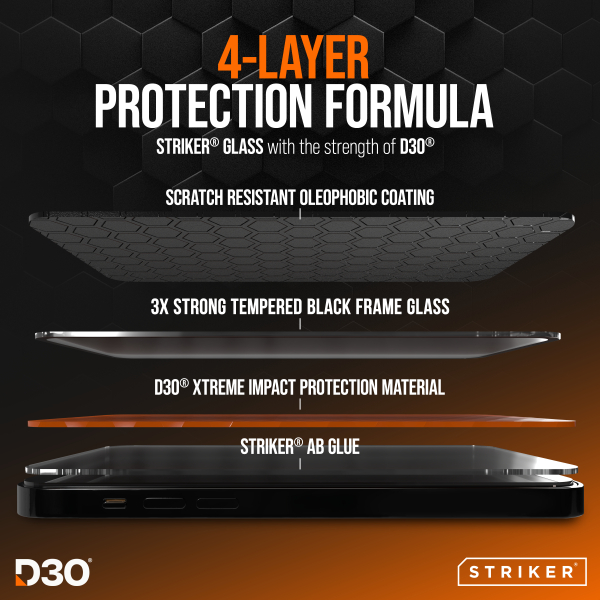 Striker D3O Xtreme Impact Glass Screen Protector - Black Frame - Apple Iphone 15 Pro Max - Afbeelding 3