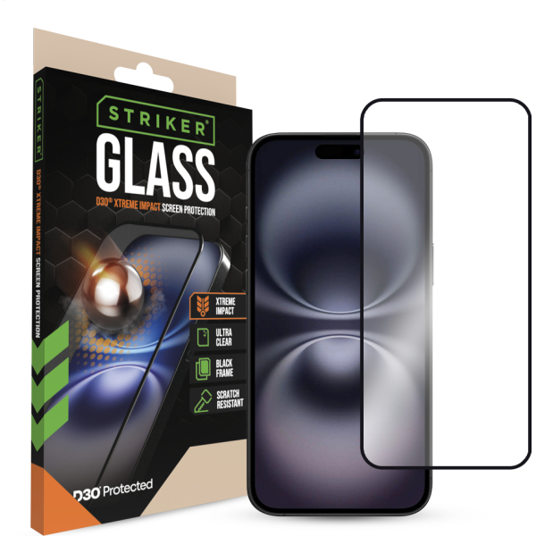 Striker D3O Xtreme Impact Glass Screen Protector - Black Frame - Apple Iphone 14 Pro/15/16
