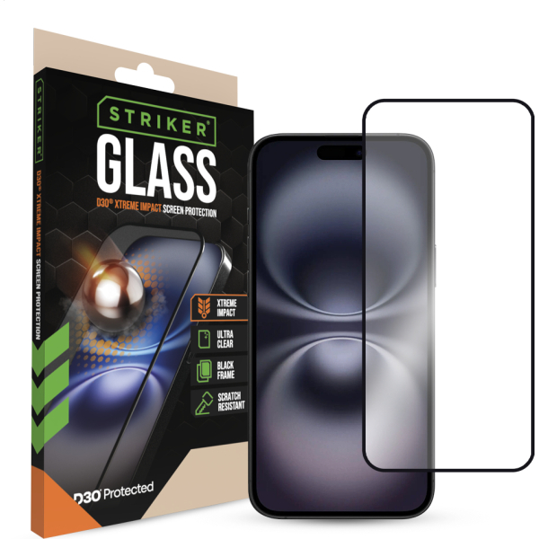 Striker D3O Xtreme Impact Glass Screen Protector - Black Frame - Apple Iphone 14 Pro Max/15 Plus/16 Plus