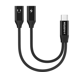 Mobilize Strong Nylon Usb-C Splitter For Audio And Charging 15Cm Black