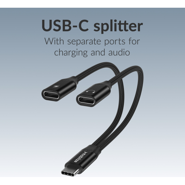 Mobilize Strong Nylon Usb-C Splitter For Audio And Charging 15Cm Black - Afbeelding 2