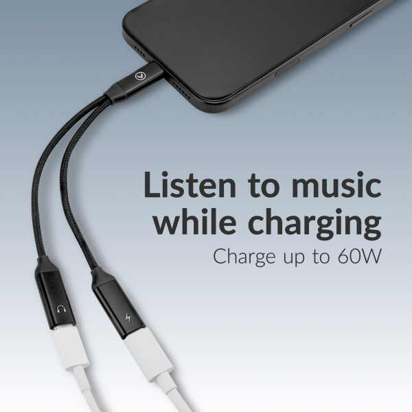 Mobilize Strong Nylon Usb-C Splitter For Audio And Charging 15Cm Black - Afbeelding 4