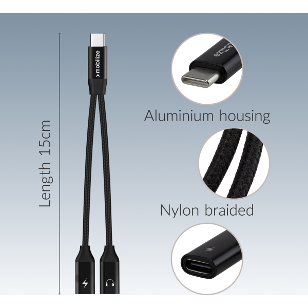 Mobilize Strong Nylon Usb-C Splitter For Audio And Charging 15Cm Black - Afbeelding 5