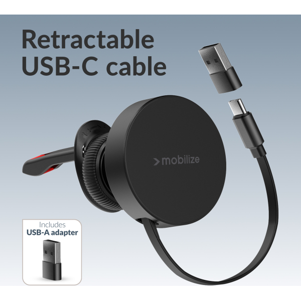 Mobilize Magsafe Compatible Car Holder/Charger 7.5W/10W/15W With Retractable Usb-C Cable Black - Afbeelding 3