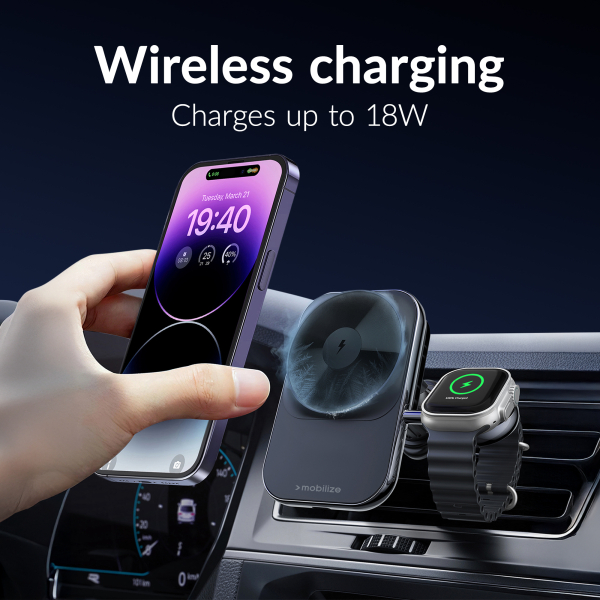 Mobilize Magsafe Compatible Car Charger For Phone And Watch 18W Black - Afbeelding 4