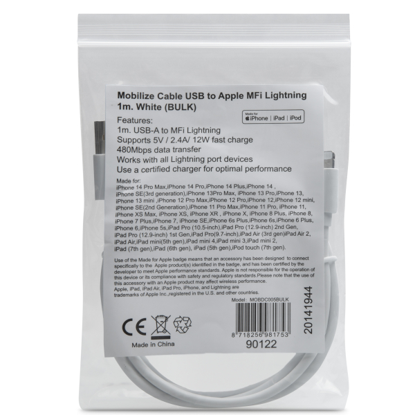 Mobilize Bulk Mobilize Cable Usb To Apple Mfi Lightning 1M. 12W White (Bulk) - Afbeelding 2