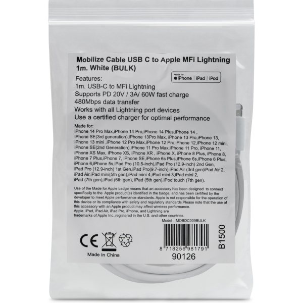Mobilize Bulk Mobilize Cable Usb-C To Apple Mfi Lightning 1M. 60W White (Bulk) - Afbeelding 2
