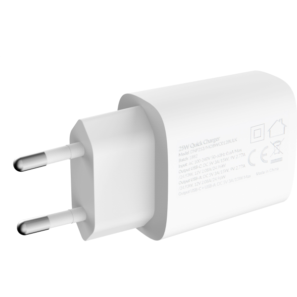Mobilize Bulk Mobilize Wall Charger Usb-C + Usb 25W With Pd/Pps White (Bulk) - Afbeelding 3