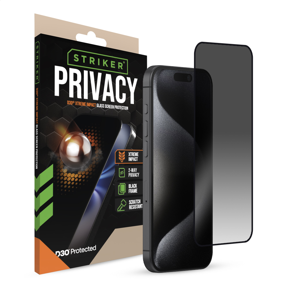 Striker D3O Xtreme Impact Privacy Glass Screen Protector - Black Frame - Apple Iphone 15 Pro