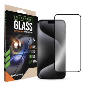 Striker D3O Xtreme Impact Glass Screen Protector - Black Frame - Apple Iphone 15 Pro Max