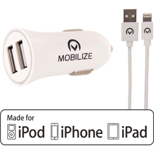 Mobilize Car Charger 2X Usb 24W + Usb To Apple Mfi Lighting Cable 1M. White